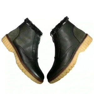 Pikolinos Leather Chelsea Boots Zip Up Faux Fur Trim In Black NWOT
